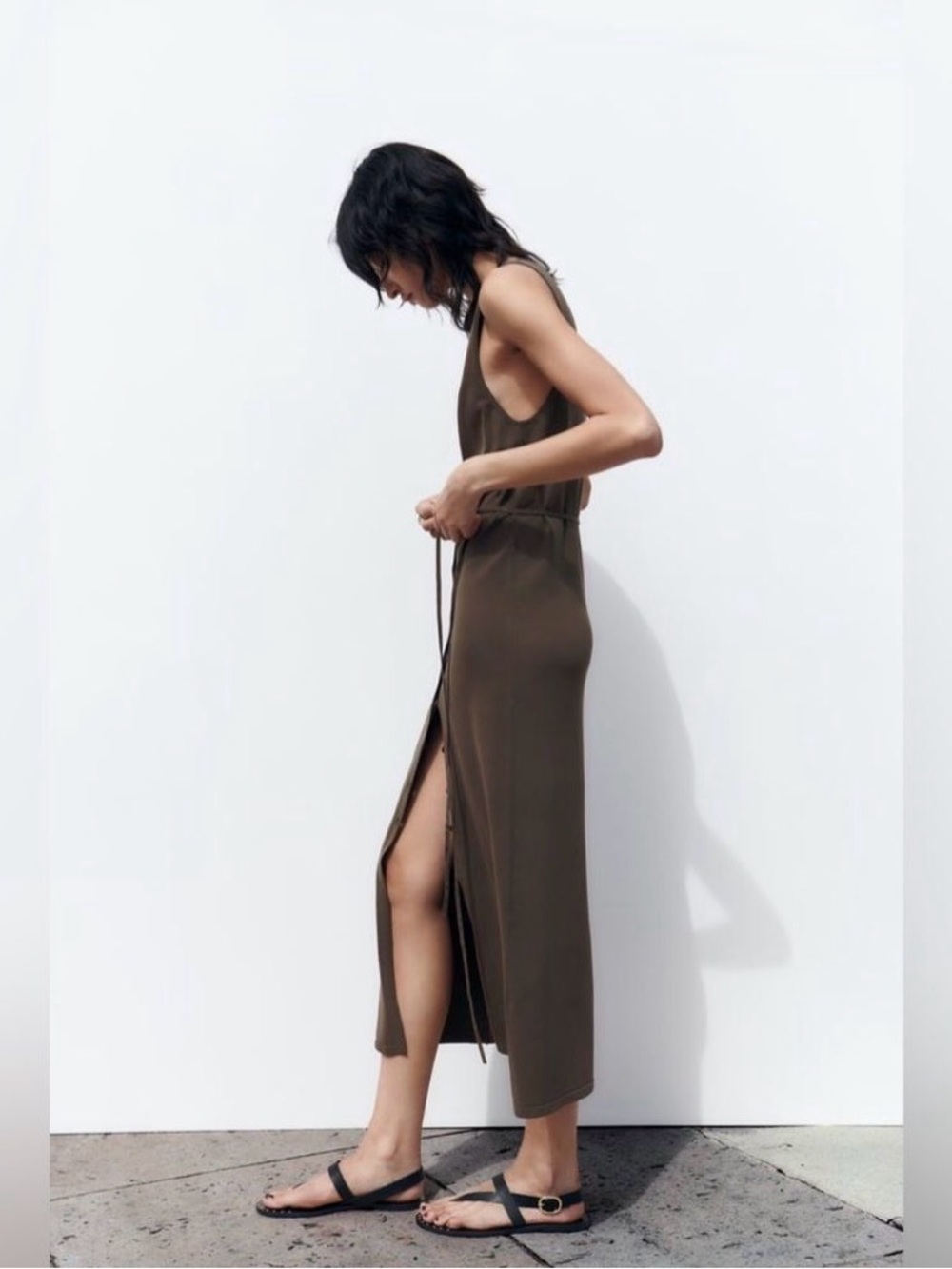 Zara knit midi button down dress Olive brown color NEW NWOT US medium minimalist - Picture 5 of 10